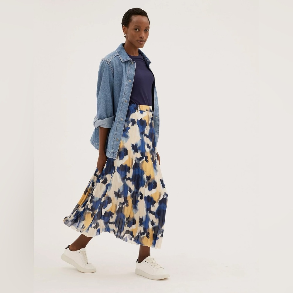 M&S Collection- Printed Pleated Midaxi Skirt, Size: US8/UK12